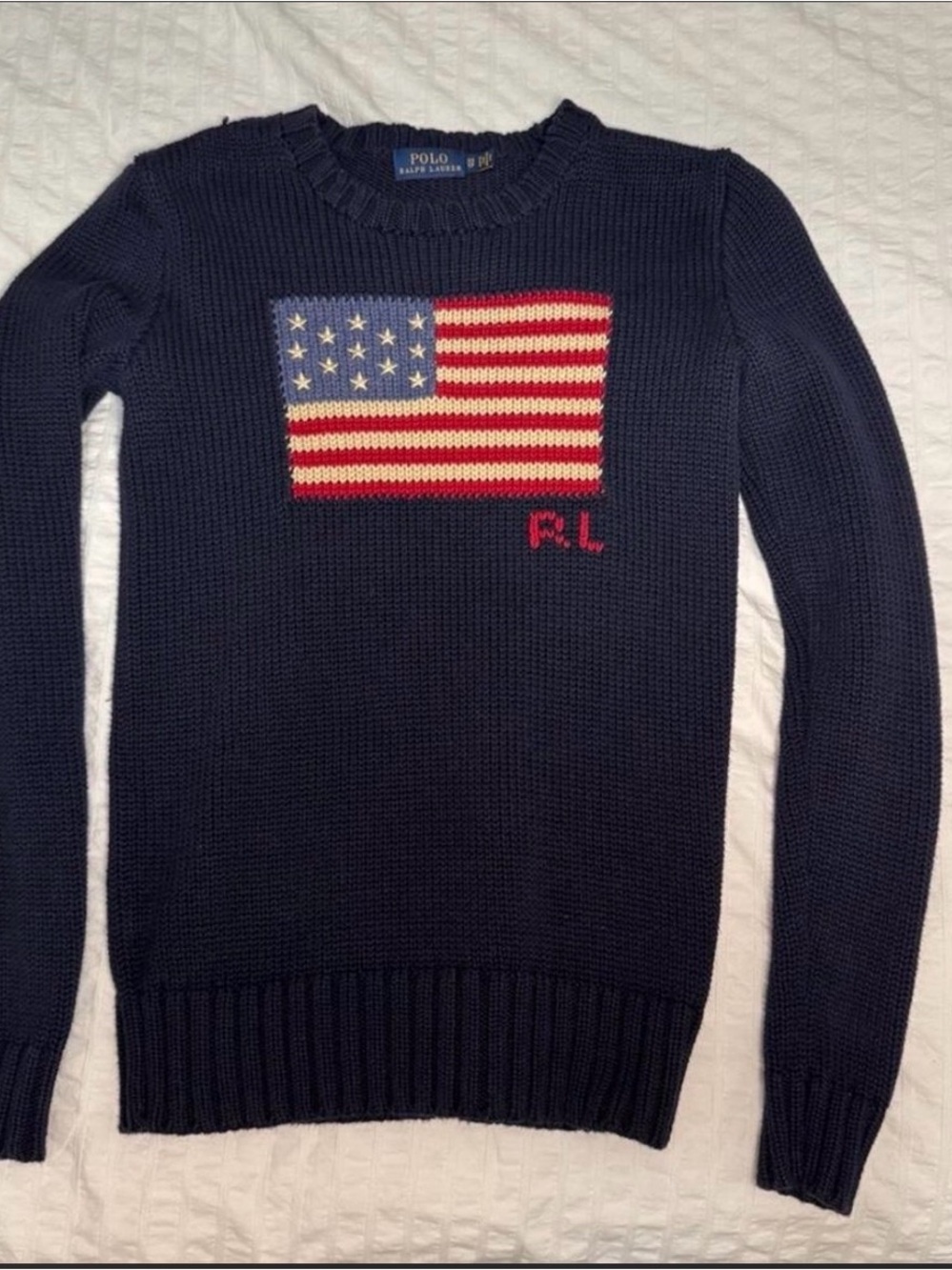 Polo by Ralph Lauren Navy Crewneck Sweater with American Flag Motif
